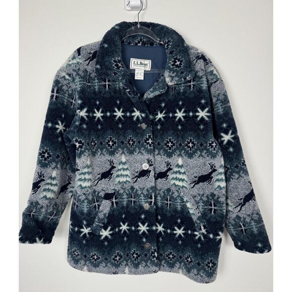 Vintage LL Bean Jacket Fleece Deep Pile Blue Reindeer USA Made 90s M - Picture 1 of 13